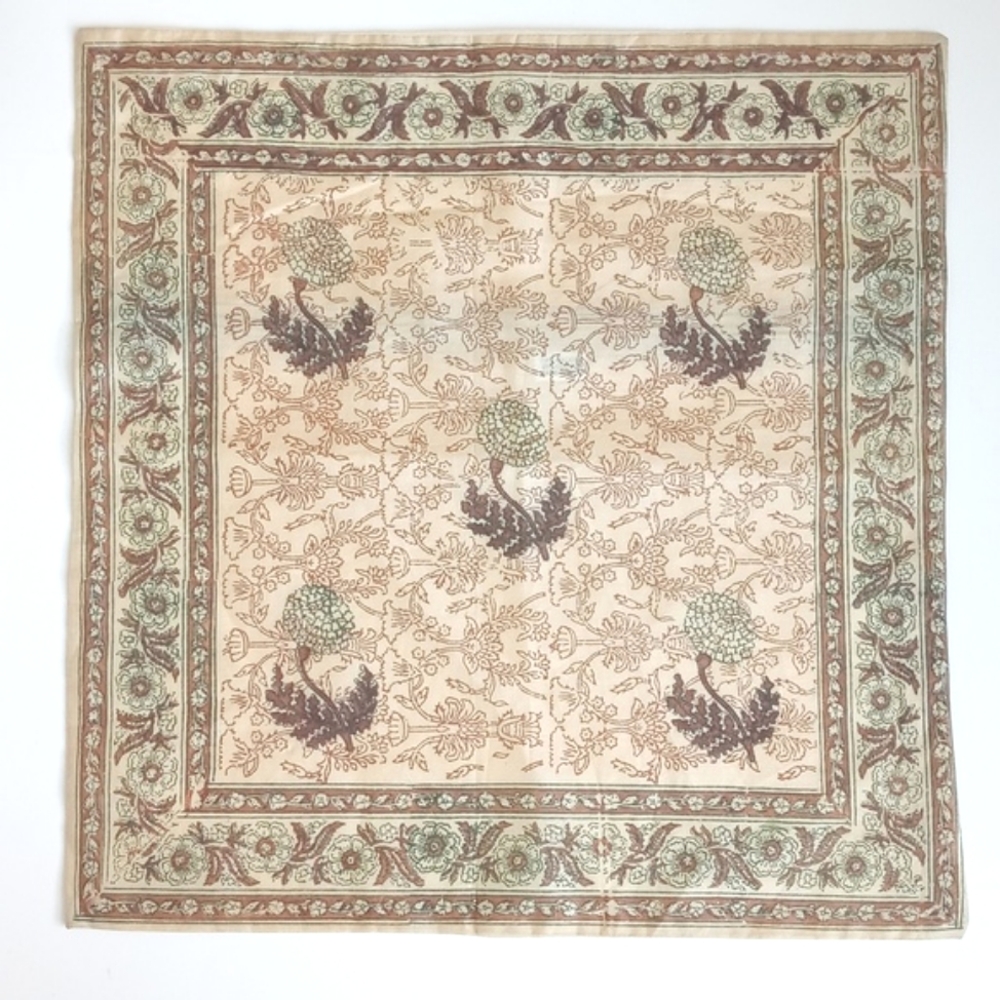 Vintage Cream Brown & Green Floral Trimmed Viscose Cotton Sham Back Zip 16”x17”